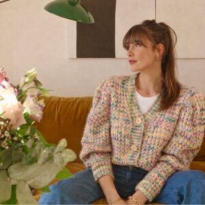 Moon River Multicolor Knit Cardigan Puff Sleeve Cropped Sweater Size S